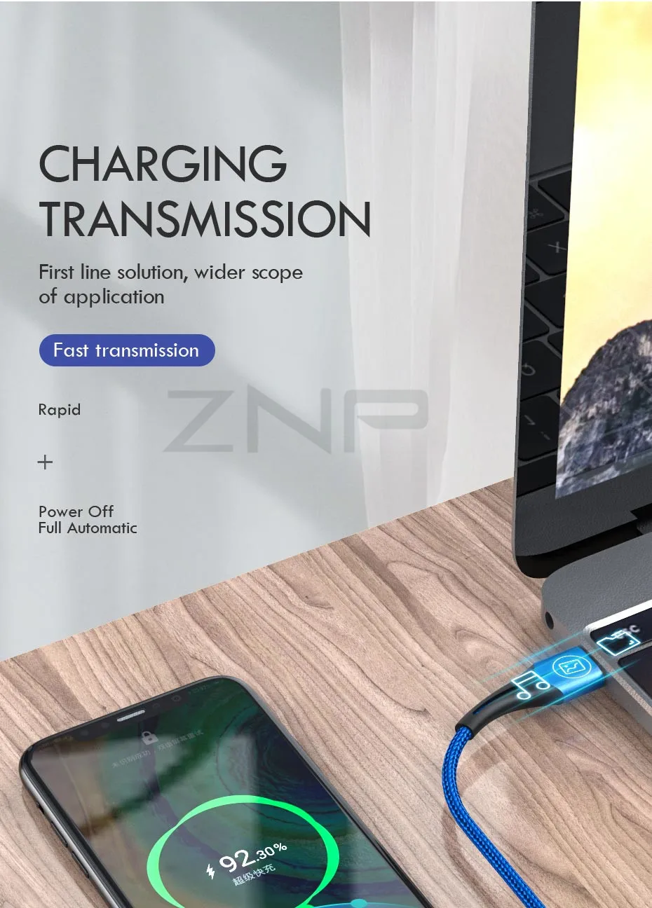 ZNP светодиодный кабель usb type-C для samsung S10 huawei P30, кабель для быстрой зарядки мобильных телефонов для Redmi Note 8 7, кабель для зарядки type-C