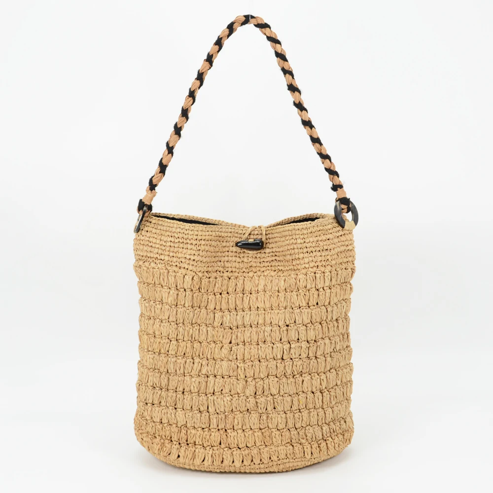 2022 Special Pattern Design Tan Color Handmade Crocheted Raffia Straw Shoulder Bag Black Strap Cotton Lining