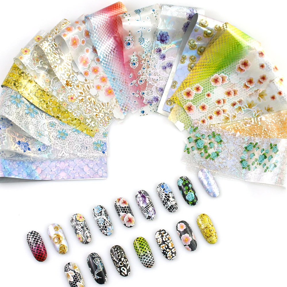 16 шт./компл. цветочный дизайн наклейка Голографическая фольга для ногтевого