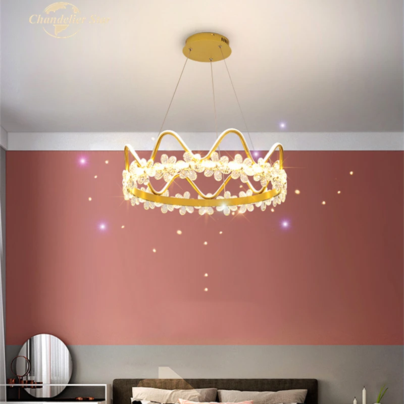 

Nordic LED Chandeliers Lighting Crystal Postmodern Aluminum Round Crown Flower Pendant Hanging Lamp Bedroom Living Room Lights