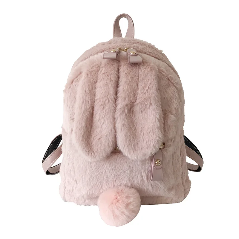 Mini Furry Fluffy Plush Schoolbag Winter Furry Rabbit Ear Backpack Cute Girls Shoulder Bag Women Travel Bag All-match