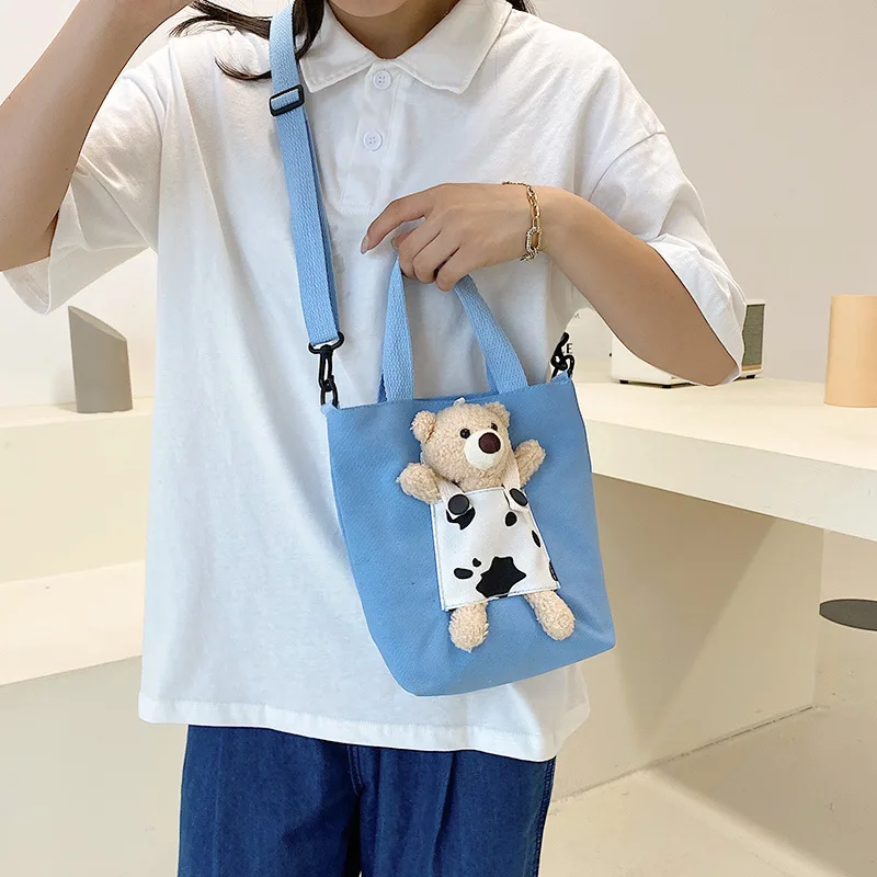 

New Canvas Portable Bear Handbag INS Japanese and Korean Students Class Shoulder Bag Trendy Fashion Soft Girl Messenger Bag