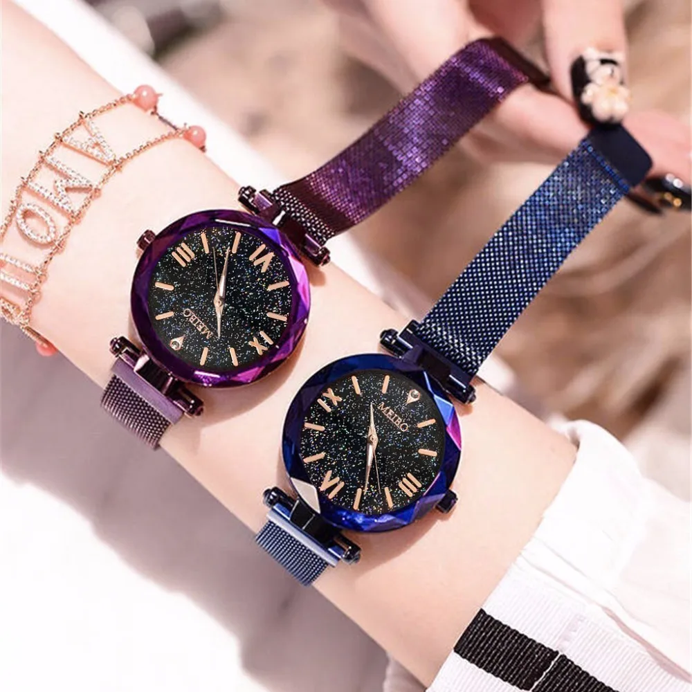 

Women's mesh with magnet buckle starry sky watch casual lady geometric surface Roman numeral quartz watch Relogio Feminino