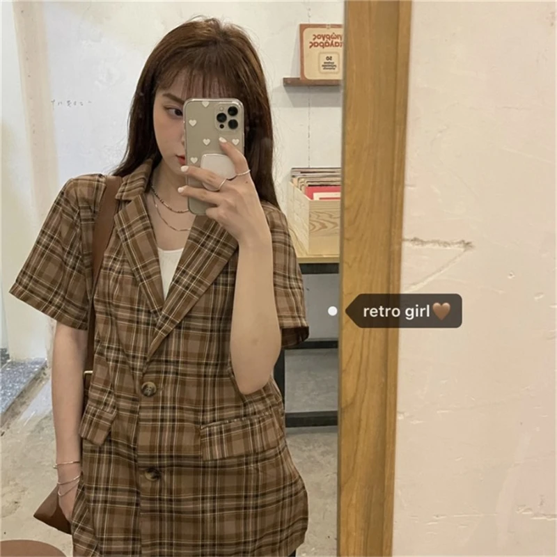 

2021 Summer Fashion Women Short Sleeve Blazer Casual Female Retro Green Plaid Suits M317
