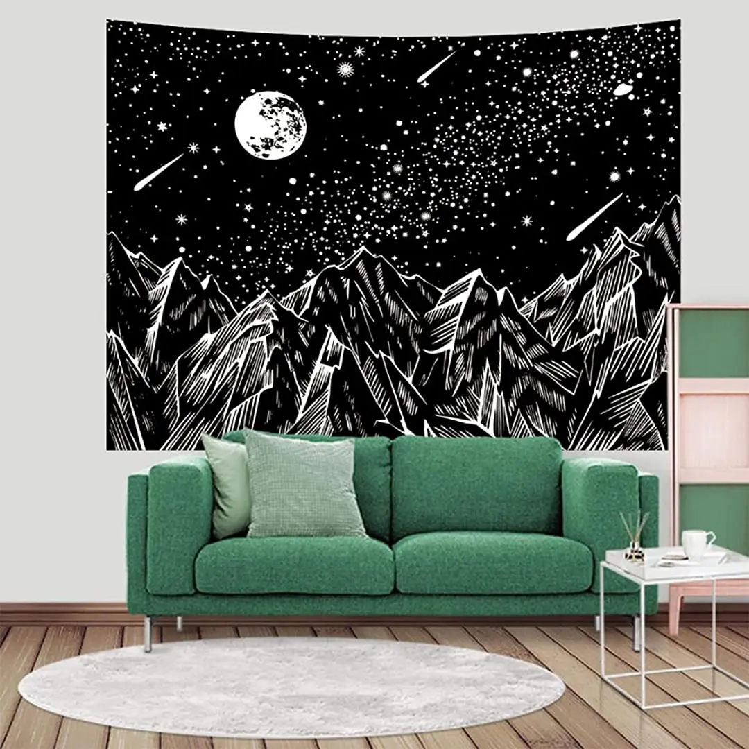 

Moon Star Mountain Tapestry, Black and White Starry Stars Night Sky Tapestries with Meteor, Wall Hanging Aesthetic Tapestrys