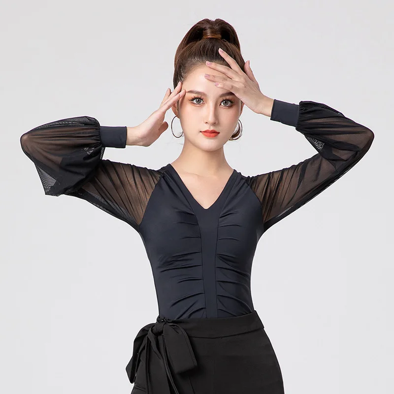 

2021 Women Ballroom Dancing Tops Leotard New Black Modern Dance Practice Clothes V-neck National Standard Latin Dance Bodysuit