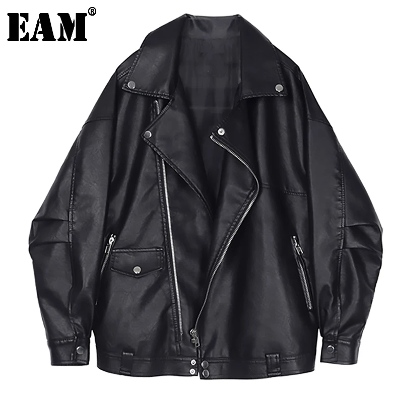 

[EAM] 2021 New Spring Autumn Lapel Long Sleeve Black Loose Pocket Cool Pu Leather Big Size Jacket Women Coat Fashion Tide JQ032