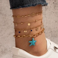 docona 4pcssets bohemia blue starfish tassel anklets for women fashion star heart hollow geoemtric foot chain jewelry 17159