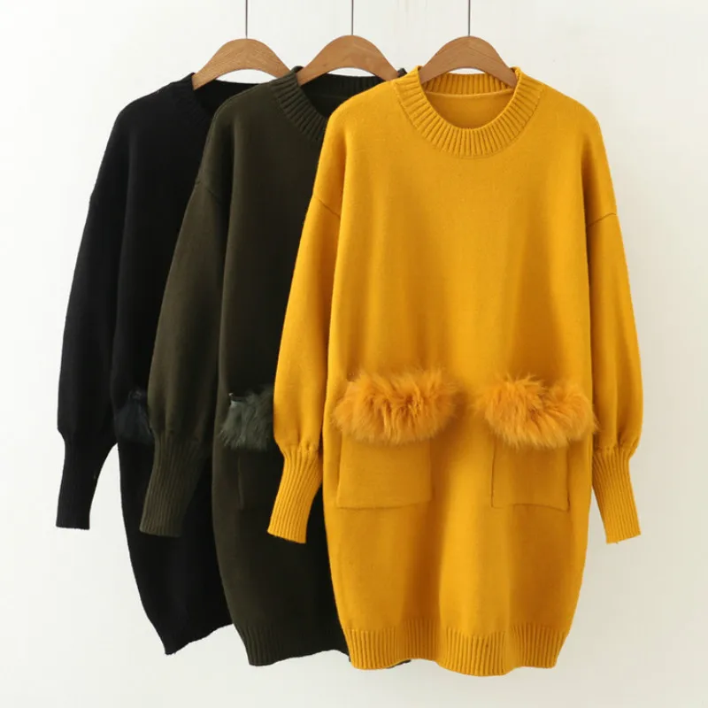 Long Knitted Sweater Dress Loose Long-sleeved Women's Faux Fur Rabbit Hair Double Pockets Pullover Tops | Женская одежда