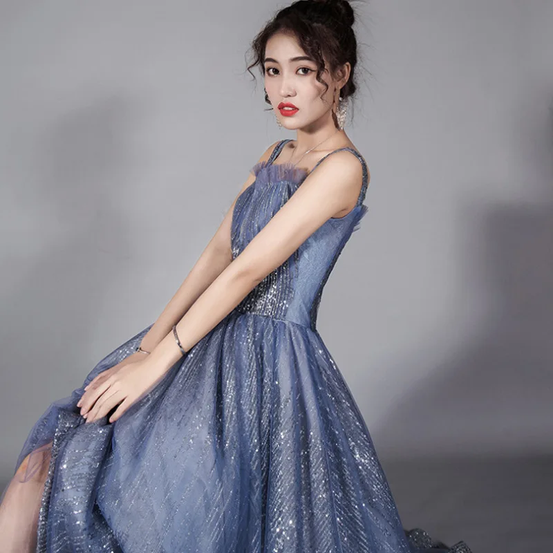 

Blue Spaghetti Sexy Evening Party Dress Sequins Formal Exquisite Dress Women Full Length Prom Gown A-Line Oversize 4XL
