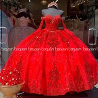 Red Organza Sweet 16 Quinceanera Dress Applique Beaded Sweetheart Pageant Dress Mexican Girl Birthday Gown 2021 Plus Size
