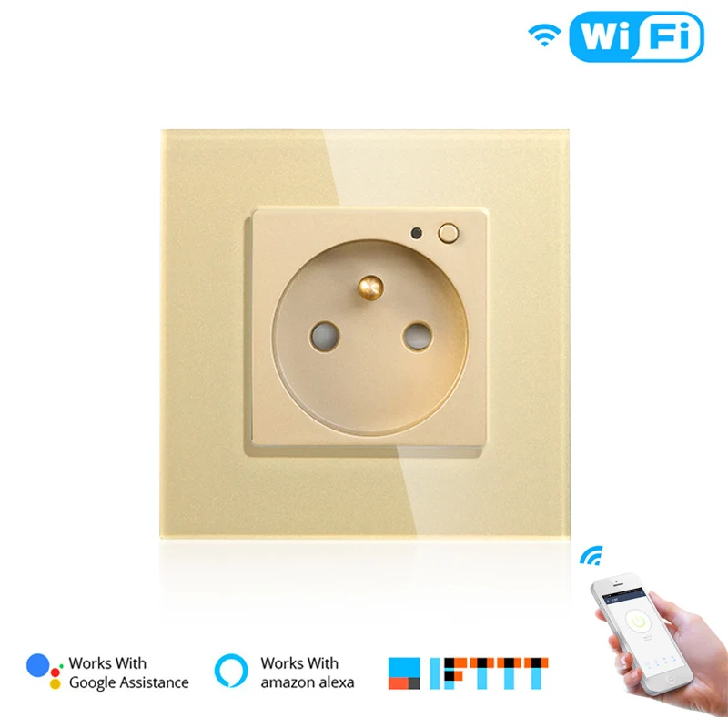 WiFi умная настенная розетка стеклянная панель Smart Life/приложение Tuya дистанционное управление, работает с Amazon Echo Alexa Google Home EU FR UK - Цвет: FR Gold
