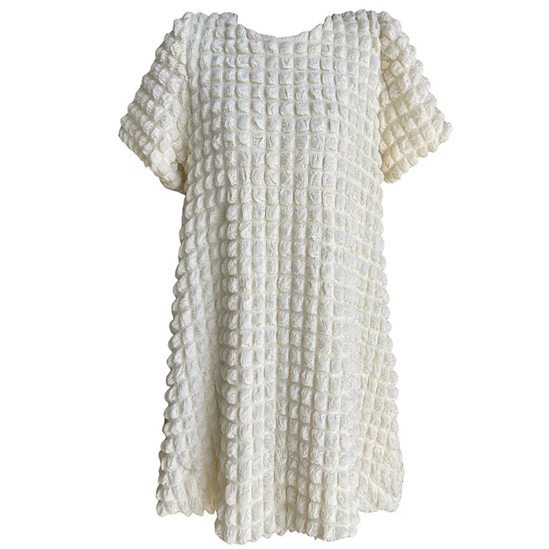 

3d Waffle Dress Women Summer New Round Neck Bubble Sleeve Loose Straight Midi Dress