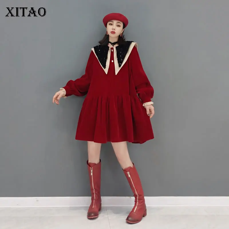 

XITAO, контрастное платье с отложным воротником, свободное, большой размер, Сращивание для женщин, новинка 2022, весна-осень, универсальная женск...