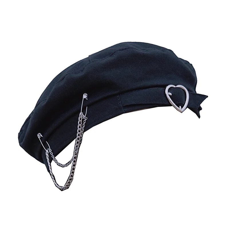 

2021 Harajuku Metal Love Buckle Chain Black Beret Girl Streetwear