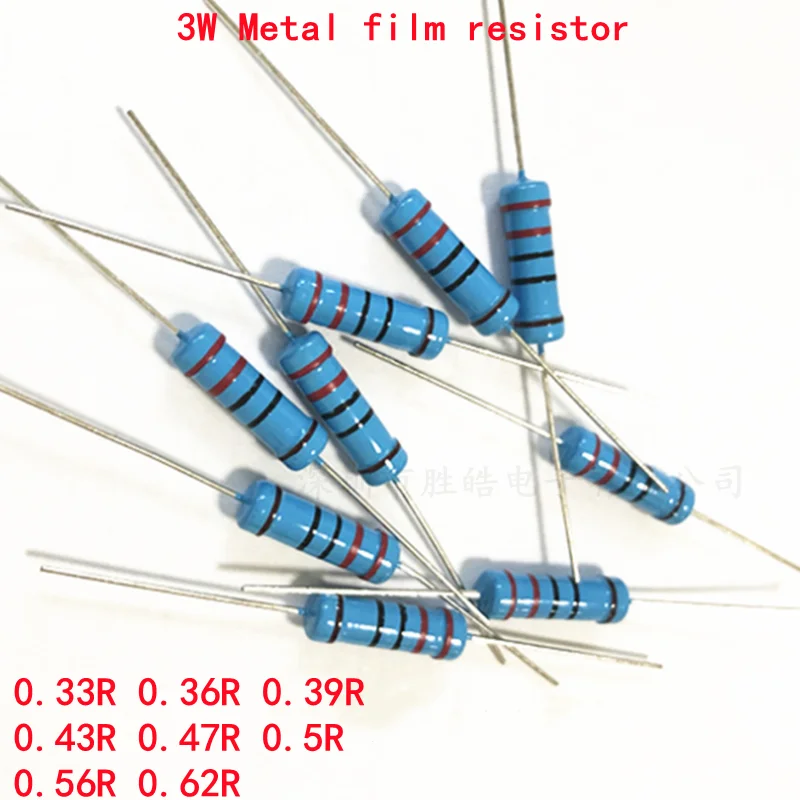 

10pcs 3W Metal film resistor 1% 0.33R 0.36R 0.39R 0.43R 0.47R 0.5R 0.56R 0.62R 0.33 0.36 0.39 0.43 0.47 0.5 0.56 0.62 ohm