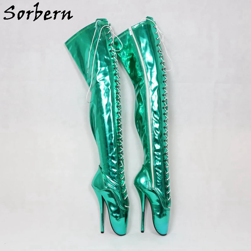 Sorbern/женские сапоги до середины бедра цвета металлик, зеленого цвета, балетные туфли на высоком каблуке, ботинки унисекс на шнуровке, пикантные туфли на высоком каблуке, Новинка