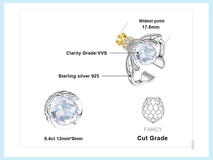 JewelryPalace Fashion 9ct Cubic Zirconia Crown Wing Honey Bee Adjustable Open Ring 925 Sterling Silver Women Luxury Fine Jewelry