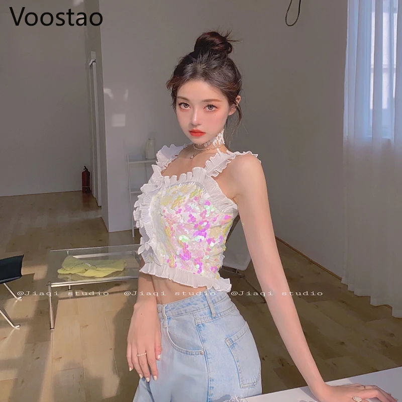 

Sweet Glitter Nightclub Tank Tops Women Vintage Sexy Chic Sleeveless Ruffles Sequined Fairy Party Wear Crop Top Girly Cute Camis