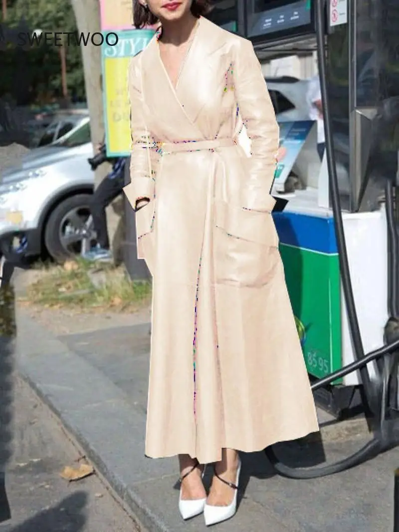 Women's Leather Coat Solid Color Lapel Pocket Coat 5Xl Super Long Mesh Pu Suit Collar Coat Fall 2021 Women Clothing