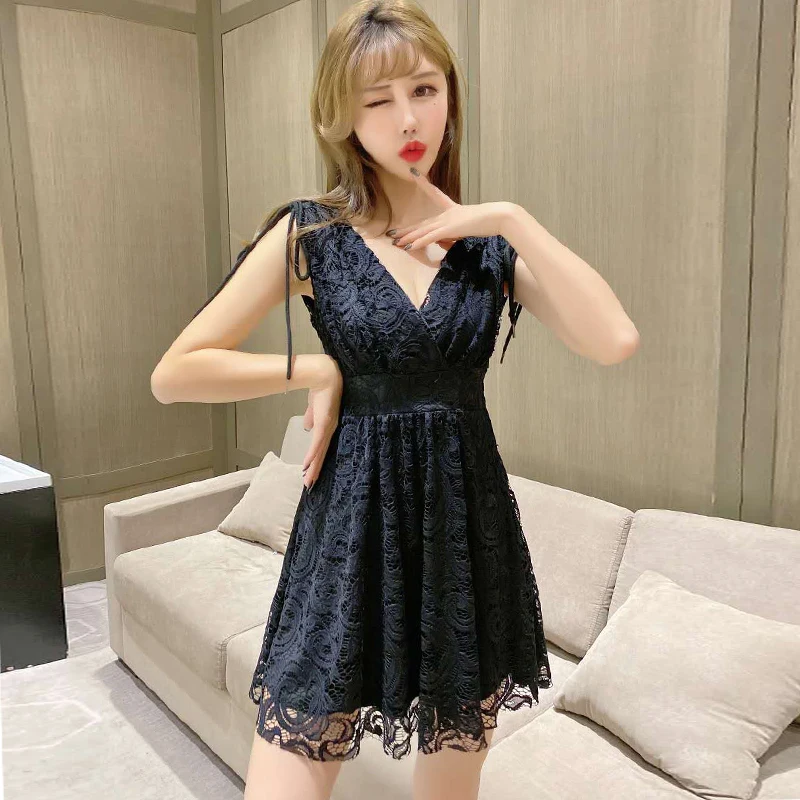 

Nightclub women's sexy dress waist slimming low-cut fashion lace halter Sleeveless Lace Office Lady Polyester