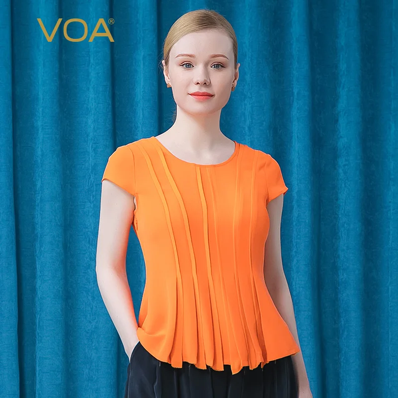 Kaufen VOA Schwere 30 Mt/mt Seide Orange Frau T-shirts BE532 Drei-dimensional Streifen Spleißen Falten Rock Typ Rotatorenmanschette Runde Neck T-shirt