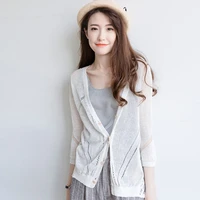 summer new solid color with mid length cardigan ice silk linen long sleeved sunscreen shirt air conditioned knitted casual shi