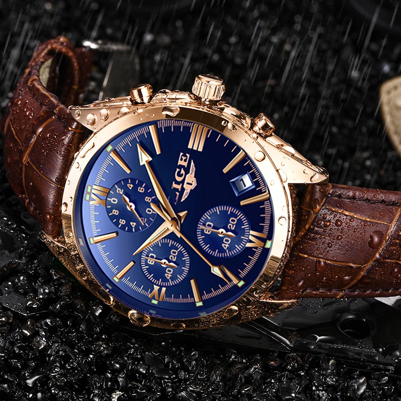 

Часы наручные LIGE Мужские кварцевые, брендовые Роскошные модные деловые водонепроницаемые повседневные, с кожаным ремешком