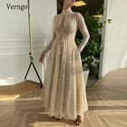 Женское вечернее платье с карманами Verngo, блестящее кружевное платье цвета шампанского, с длинными рукавами, с высоким воротником, для выпускного вечера, 2021