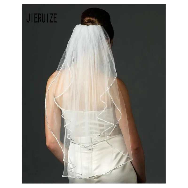 Свадебная фата с гребнем JIERUIZE Двухярусная Фата бисером и длиной до локтя