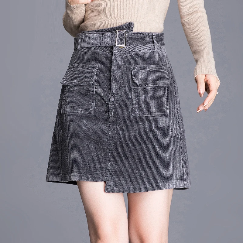 

Повседневная Женская Вельветовая юбка с высокой талией и карманами, серая, черная, хаки, Корейская мини-юбка 4xl для женщин на осень и зиму