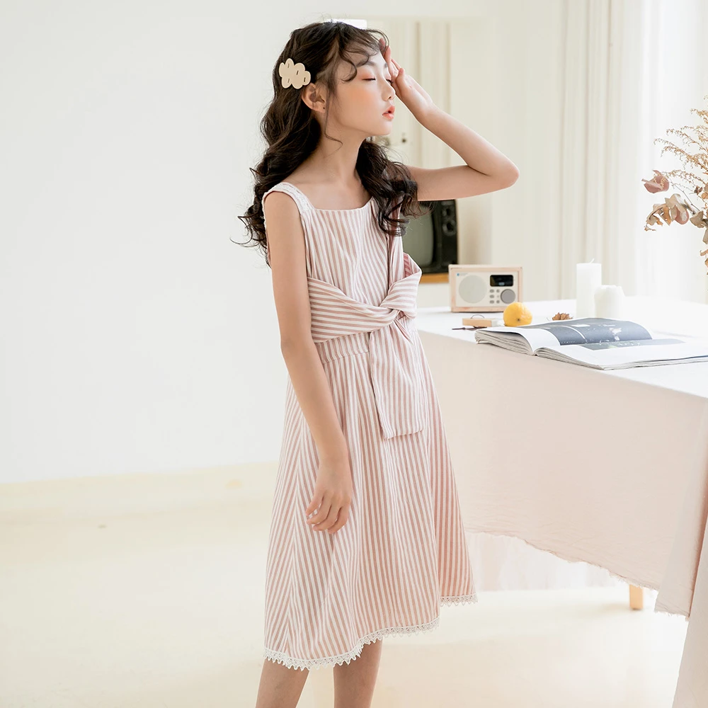 

New 2021 Summer Big Girl Dresses Cotton Baby Kids Girls Teen Clothing Bow Lace Patcwhrok Princess Dress Children Sundress