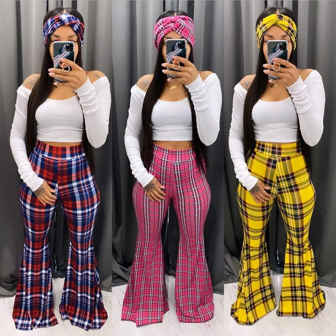 

ANJAMANOR Fall 2020 Women Trendy Plaid Print 3 Piece Set (Including Long Sleeve T Shirt Bell Bottom Pants Headscarf) D91-DH42