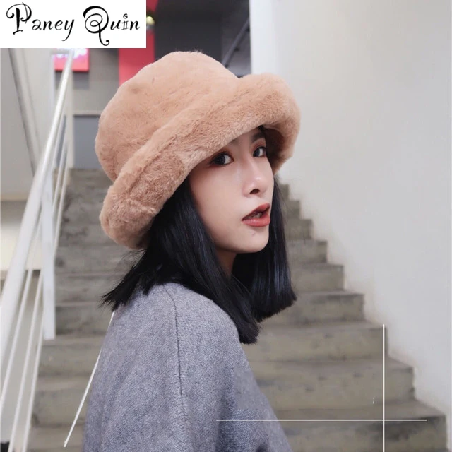 

Drop ship WINTER Flat Plush bucket hat women winter Solid Color Keep Warm Fisherman Fur Hat Warm Large caps Bucket Hats