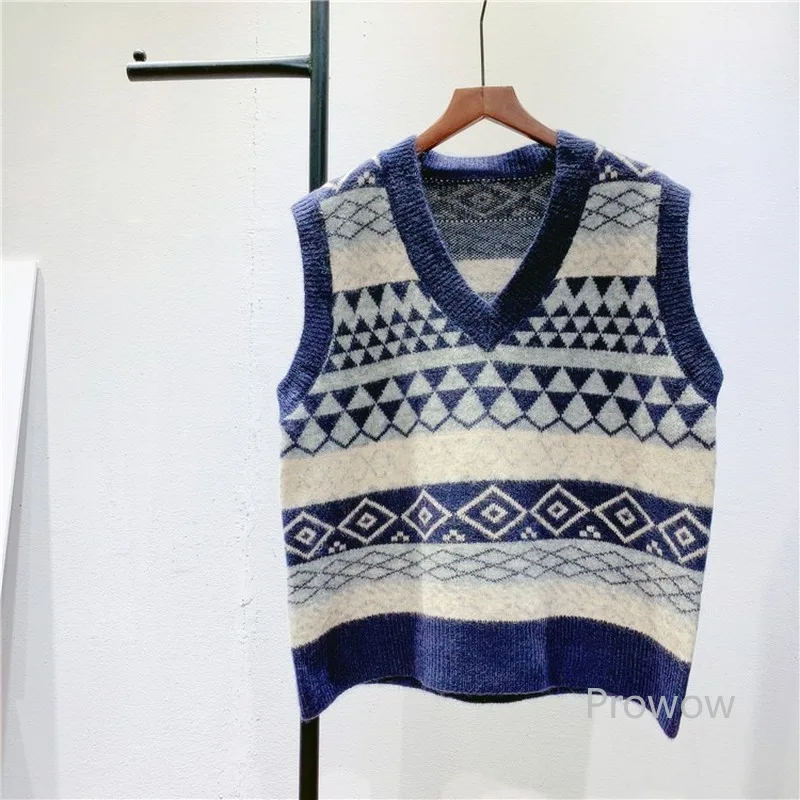 

Vintage Plaid Sweater Vest Women Hit Color Geometric Knit Vest Spring Autumn Tank Top Korean Fashion V Neck Sleeveless Pullover