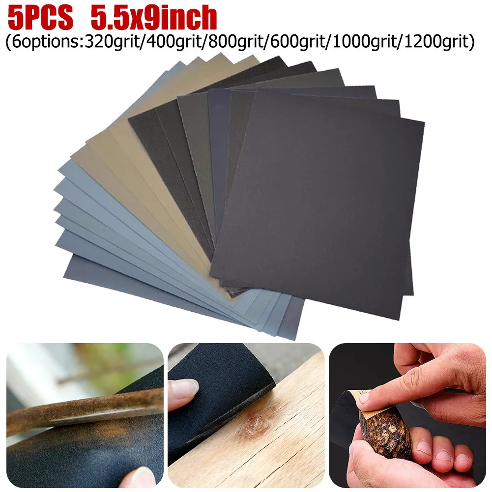 

5 Pcs Sanding Sheets Wet/Dry Silicon Carbide Waterproof Sandpaper Set 5.5x9inch Grit 320/400/800/600/1000/1200