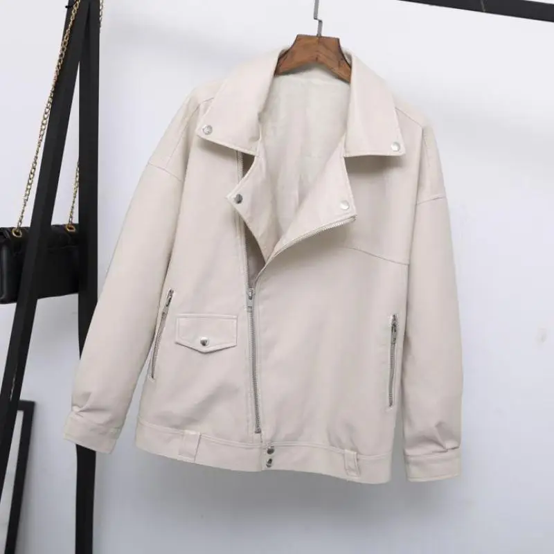 

Loose coat top Autumn Women Faux Leather Jacket Casual Loose Soft Pu Motorcycle Punk Leather Coat Female Zipper Rivet Outerwear