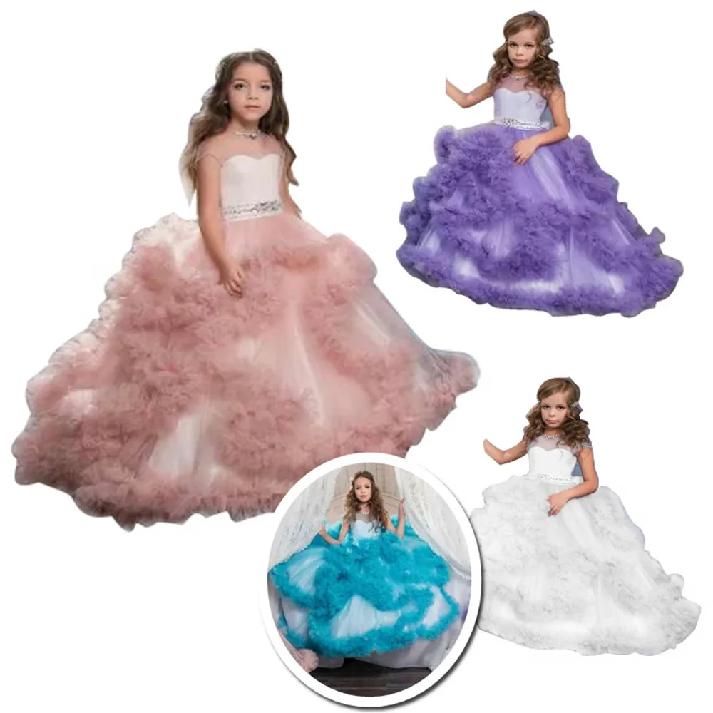 

Princess Flower Lace Tutu Girl Dress Wedding Evening Mopping Long Fluffy Elegant Party New Costume Kids Dress Girl