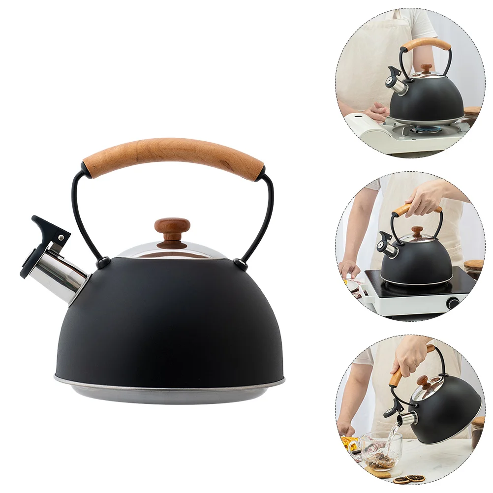 

1pc Stainless Steel Whistling Teakettle Wooden Handle Kettle for Home (Black)