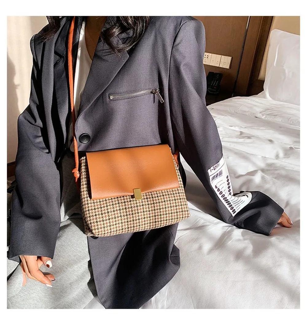 

Women Fashion New Plaid Famous Design Woolen Shoulder Bag Luxury Versatile Lady Messenger Crossbody Bag PU Leather Square Bag