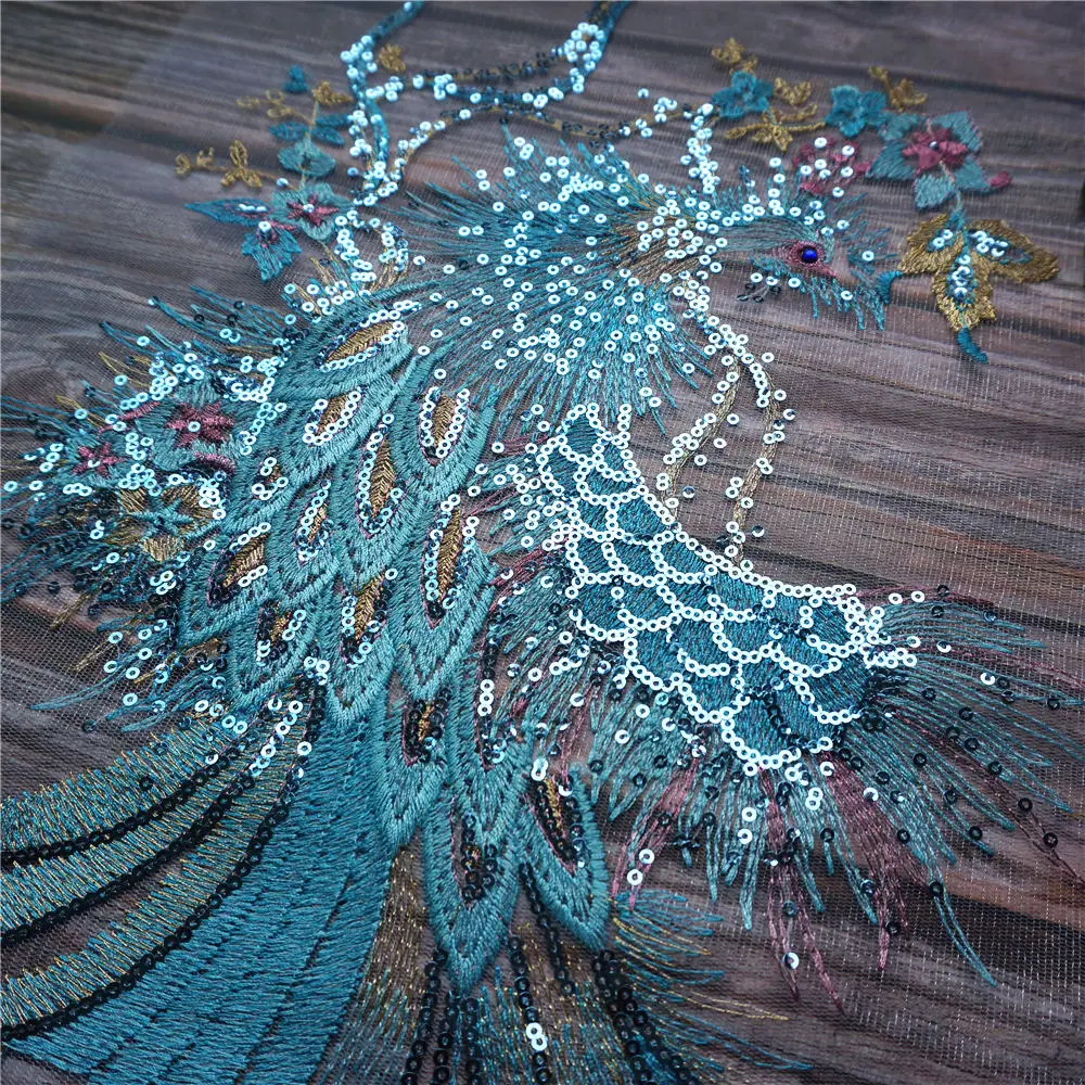 Голубое кружево с блестками Феникс павлин Аппликации мечтательная вышитая ткань