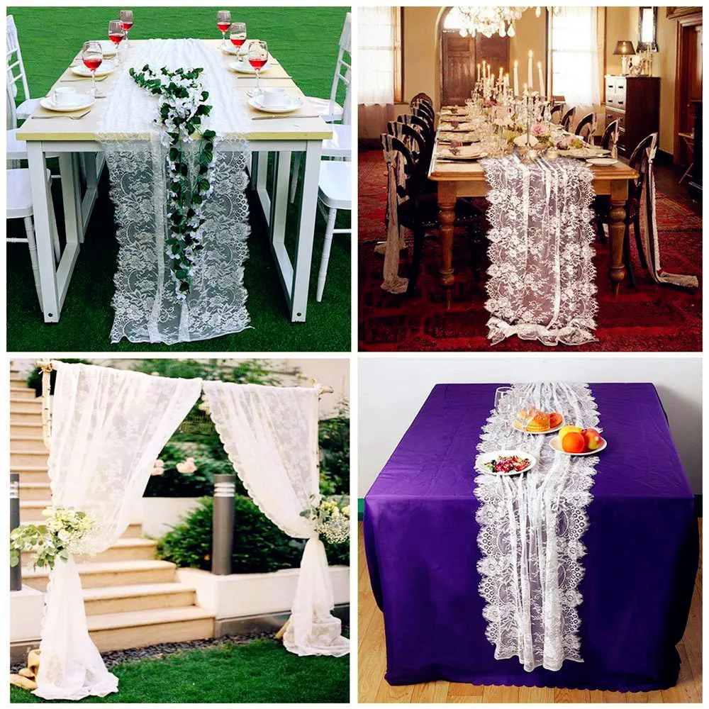 

White Floral Lace Table Runner Rose Table Cloth Chair Sash Dinner Banquet Baptism Wedding Party Table Decoration 300cm Christmas