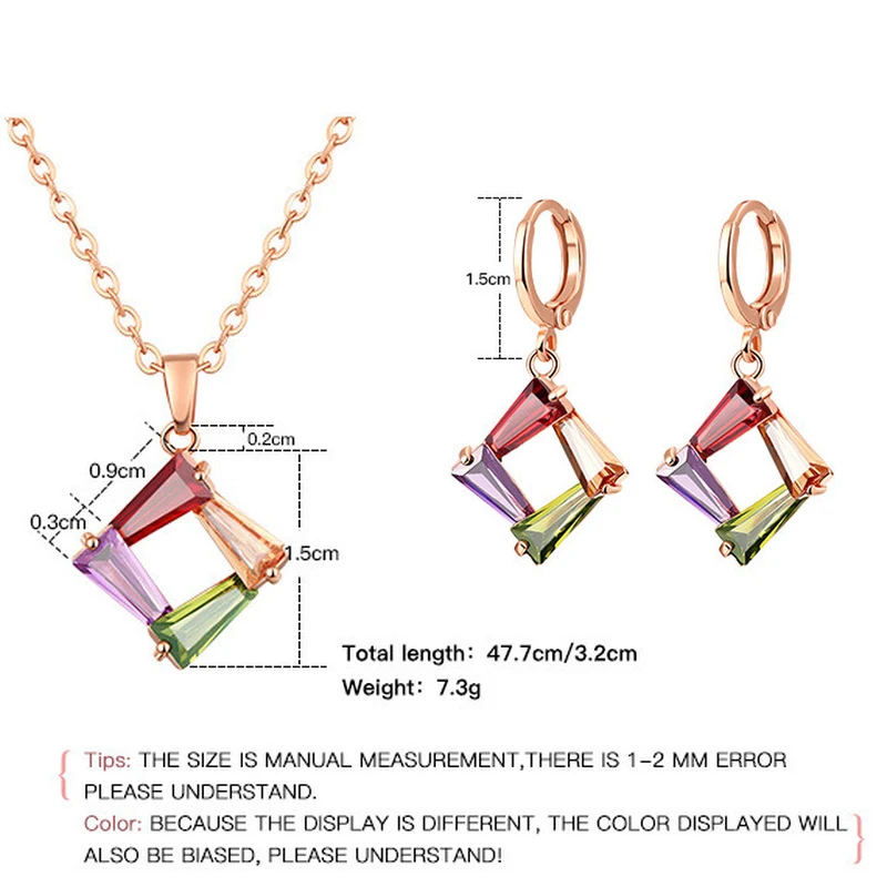 

Fashion Simple square zircon necklace earrings set necklace for women colorful zircon wedding fashion jewelry Two-piece suit