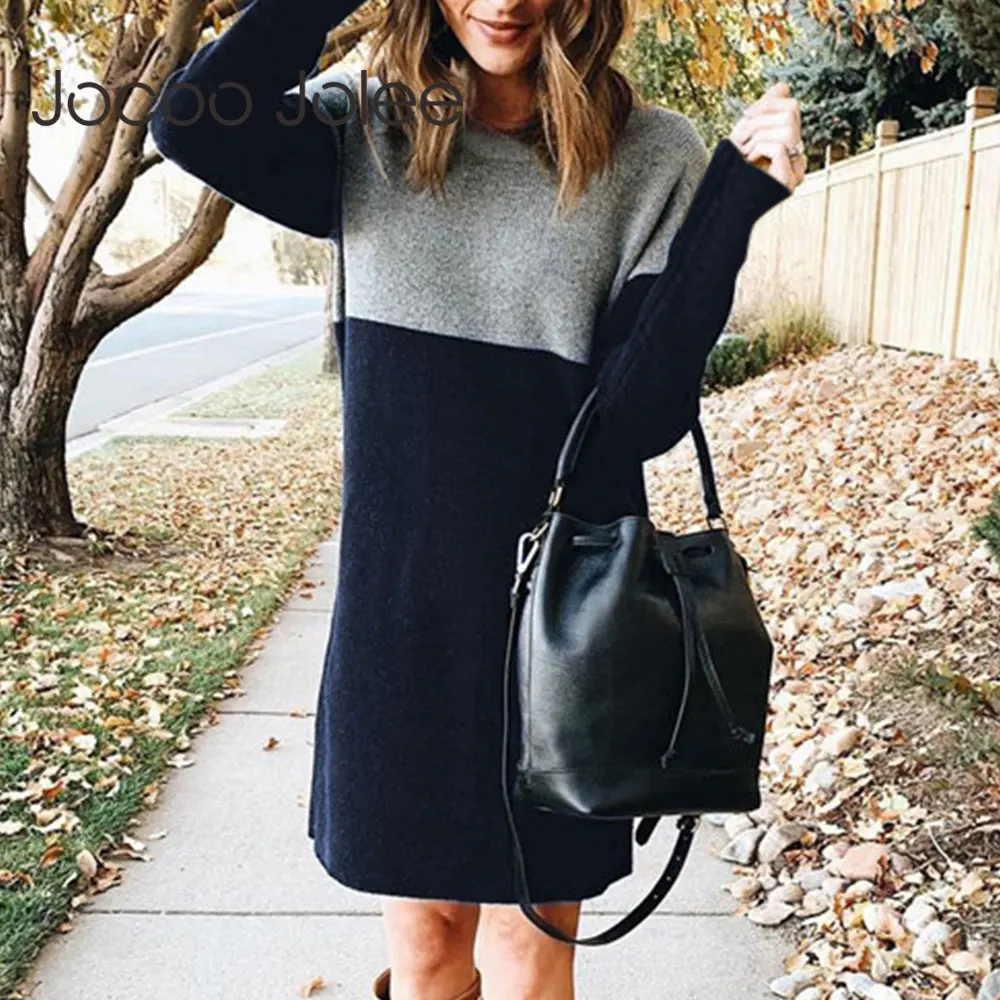 

Jocoo Jolee Oversized Knitted Dress 2020 Autumn Winter Long Sleeve O Neck Patchwork Sweater Dress Elegant Retro Loose Knit Dress