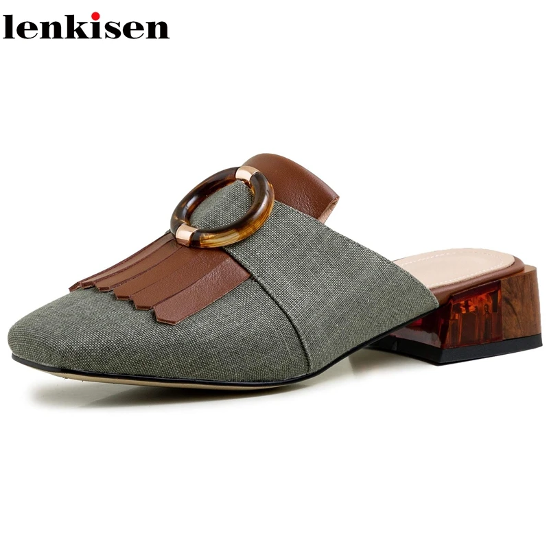 

Lenkisen real leather metal decorations fringe ring fasteners rhinestone square toe med heels slip on mules gorgeous sandals L95