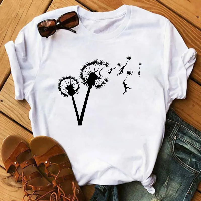 

Women Dandelion T-shirts Summer Short Sleeve Flower T-shirts Top Cartoon Graphic Printed Shirts Female Tops Tee
