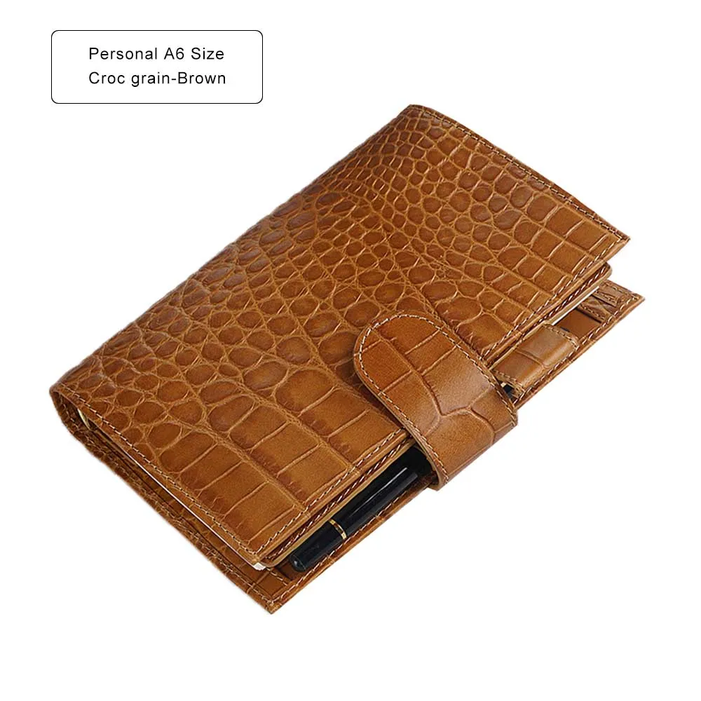 Croc Brown Натуральная кожа блокнот Органайзер связующее кольцо планировщик Обложка персональный Размер А6 дневник альбом для зарисовок с большим карманом - Цвет: Croc Brown