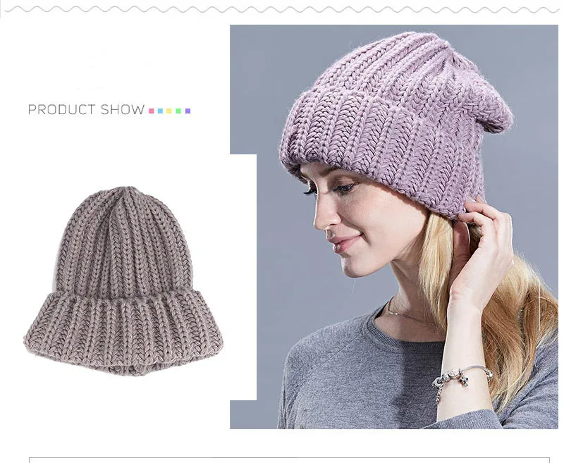 Leisure Fashion The New Hat For Women's Autumn Winter Hats Increase Big Beanie Knit Wool Set Head Hat Acrylic Thick Line Caps