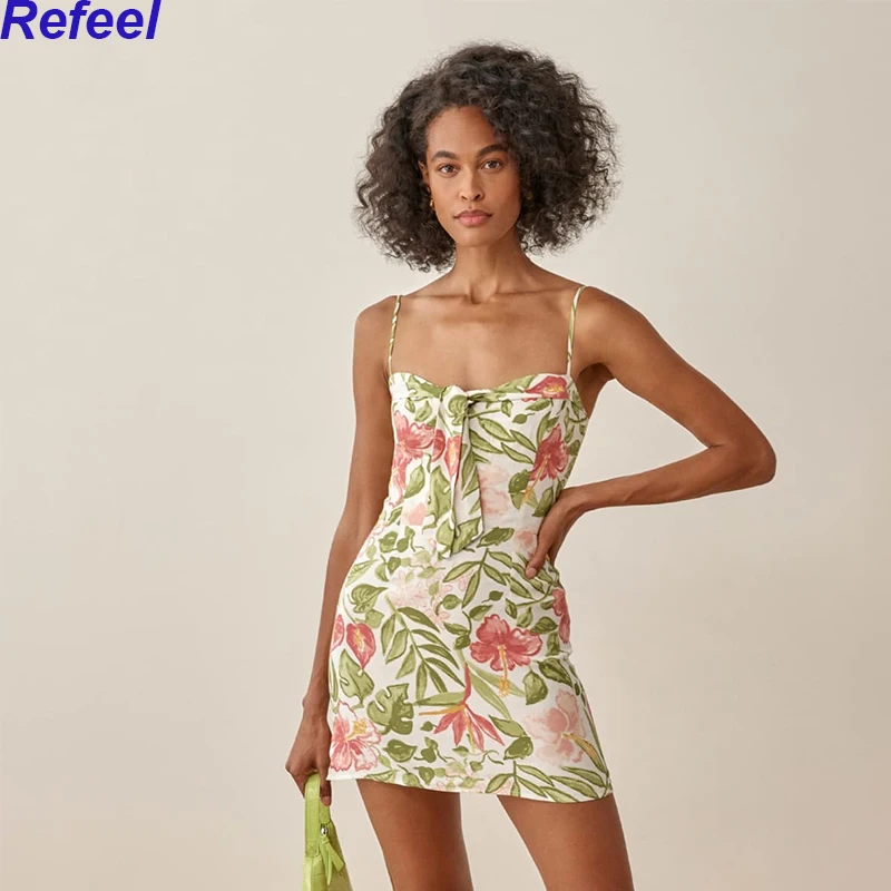 

Vintage Leaves Print Sexy Sling Chiffon Dress Women Sweet Bow Sleeveless A-line Short Vestido Mujer Holiday Summer Mini Dress