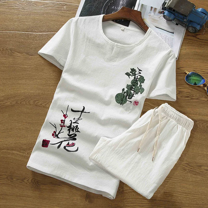 

cotton 2020 summer linen men T-shirt slim short-sleeved solid color casual shorts M-5XL men's printing clothing 2 pieces set